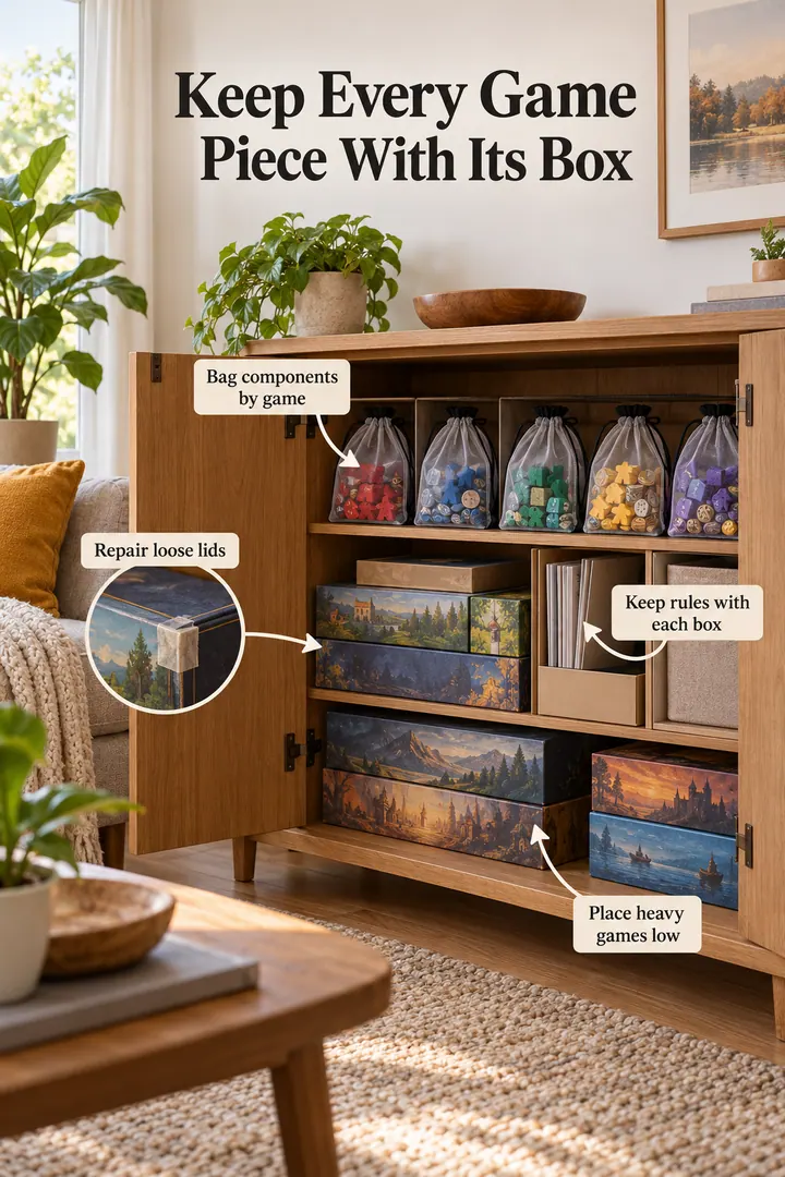 Annotated Educational Photo of board game component pouches in Living-room cabinet showing bag components by game.