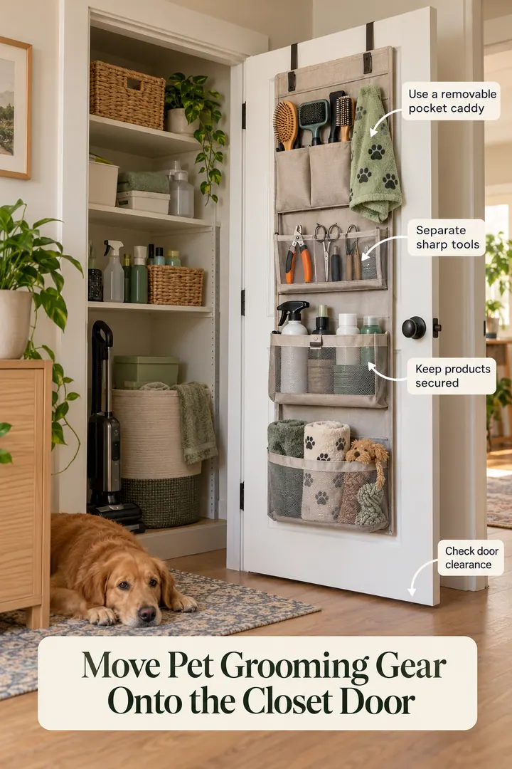 Annotated Educational Photo of pet grooming door caddy in Utility closet door showing use a removable pocket caddy.