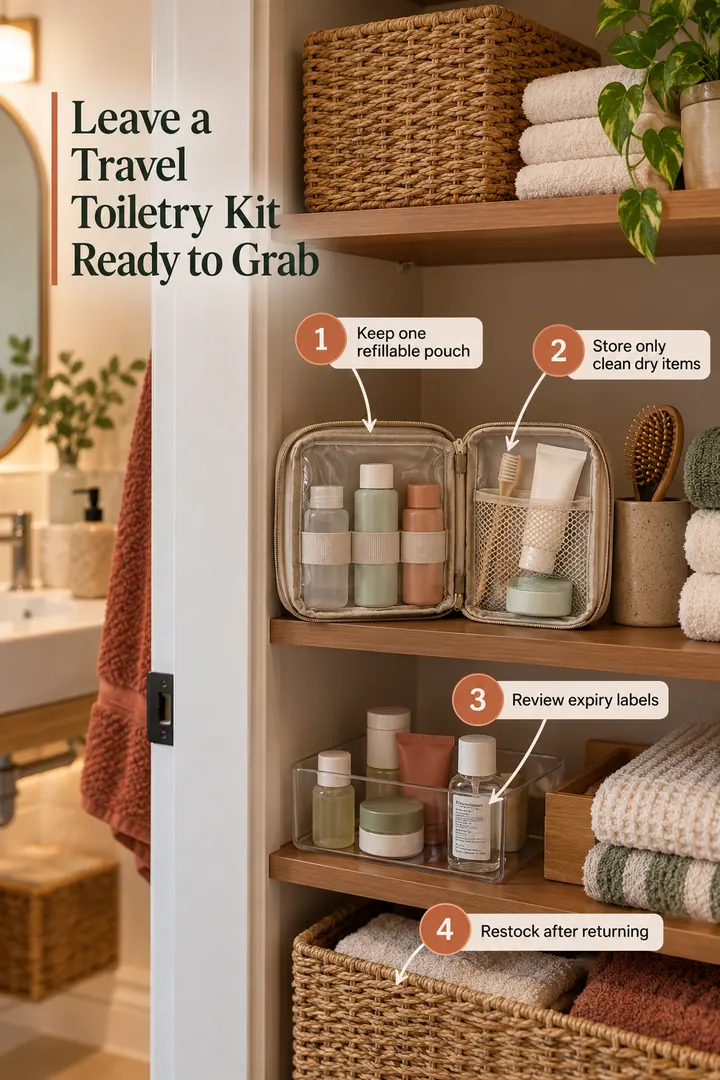 Annotated Educational Photo of travel toiletries ready pouch in Bathroom linen shelf showing keep one refillable pouch.