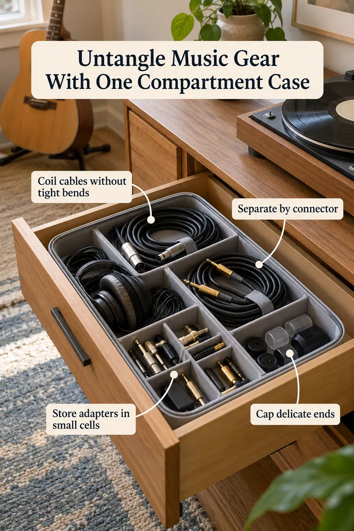 Annotated Educational Photo of music cable compartment case in Media console drawer showing coil cables without tight bends.