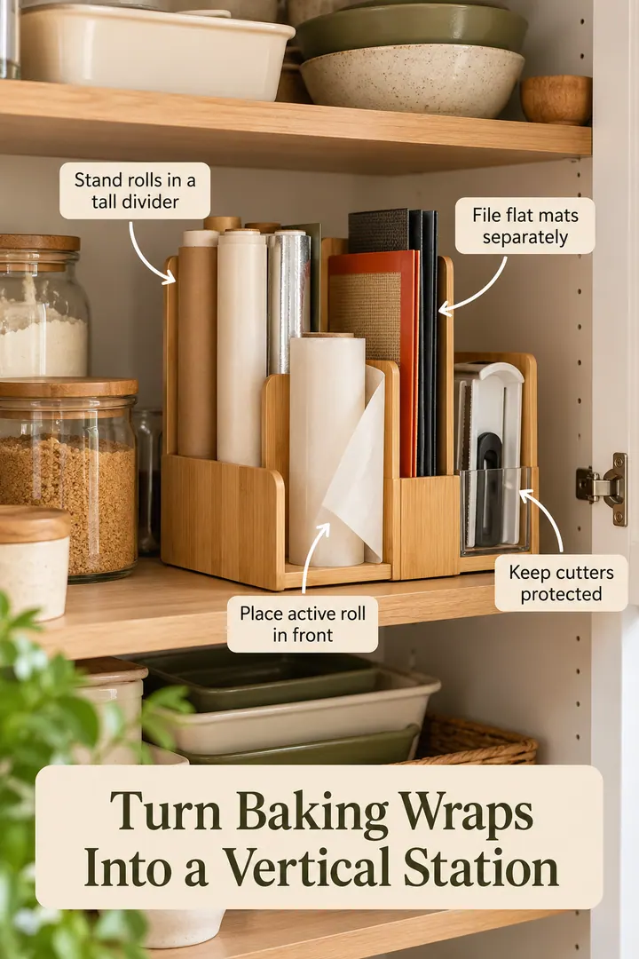 Annotated Educational Photo of baking paper upright dispenser in Kitchen pantry showing stand rolls in a tall divider.