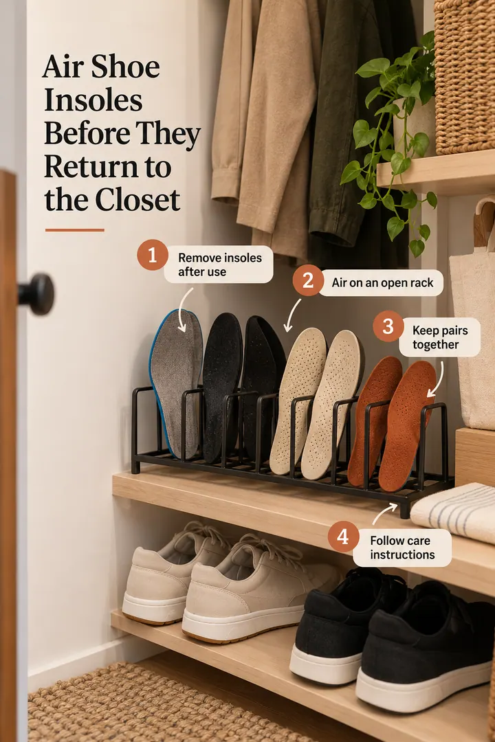 Annotated Educational Photo of shoe insole airing rack in Coat closet showing remove insoles after use.