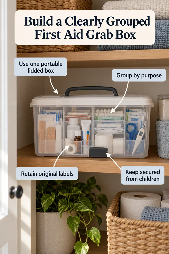 Annotated Educational Photo of first aid grab box in Hall closet upper shelf showing use one portable lidded box.
