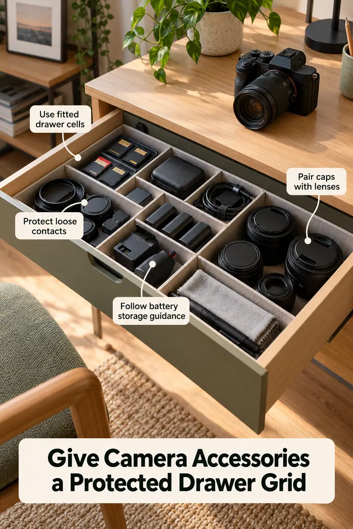 Annotated Educational Photo of camera accessory drawer grid in Bedroom desk drawer showing use fitted drawer cells.