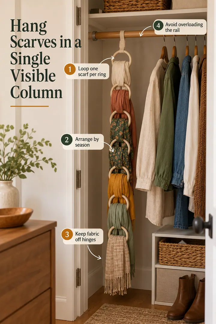 Annotated Educational Photo of scarf ring wardrobe strip in Reach-in closet showing loop one scarf per ring.