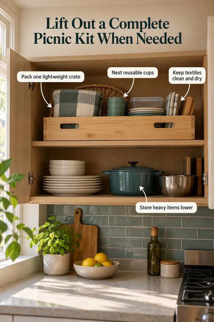 Annotated Educational Photo of picnic kit top shelf crate in Kitchen upper shelf showing pack one lightweight crate.