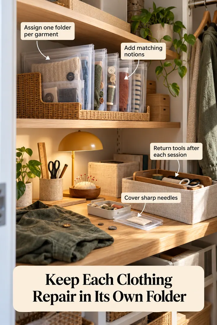 Annotated Educational Photo of mending project zip folders in Closet craft shelf showing assign one folder per garment.