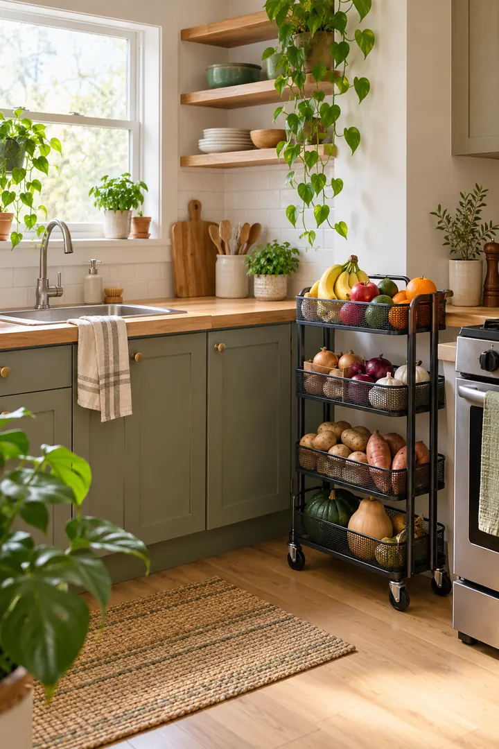 Clean Photo of rolling produce overflow cart in Tiny kitchen corner showing use an open ventilated cart.