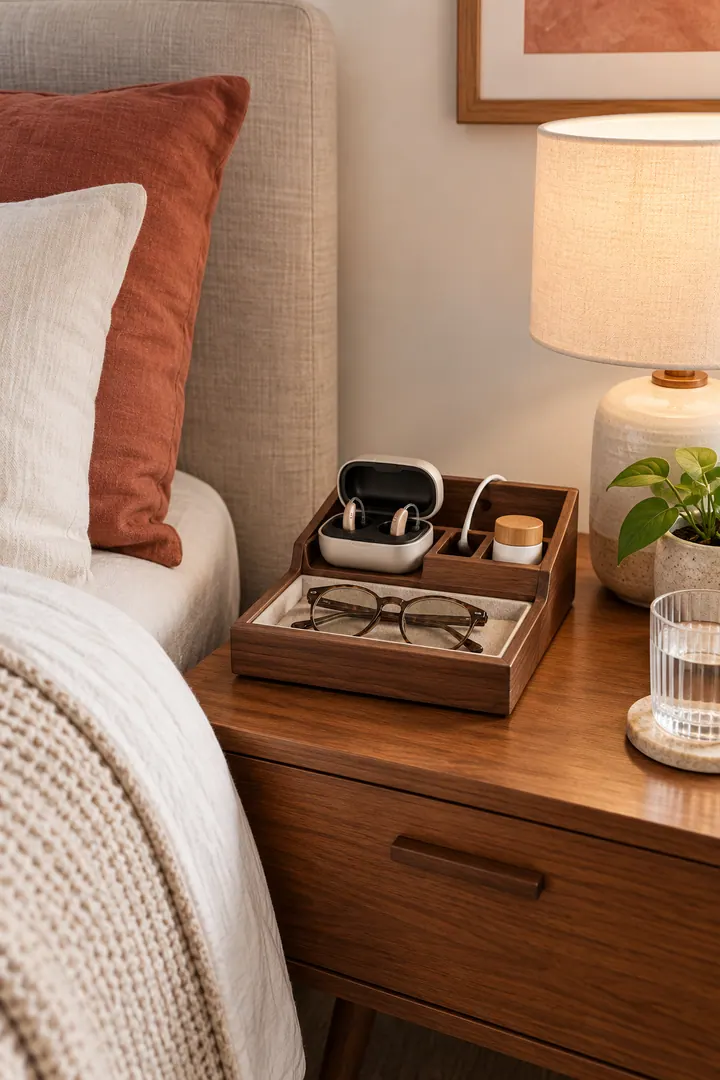 Clean Photo of bedside hearing device dock in Small bedroom showing create one shallow dock.