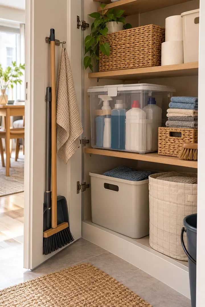Clean Photo of cleaning concentrate lockbox in Utility cupboard showing use a secure lidded container.