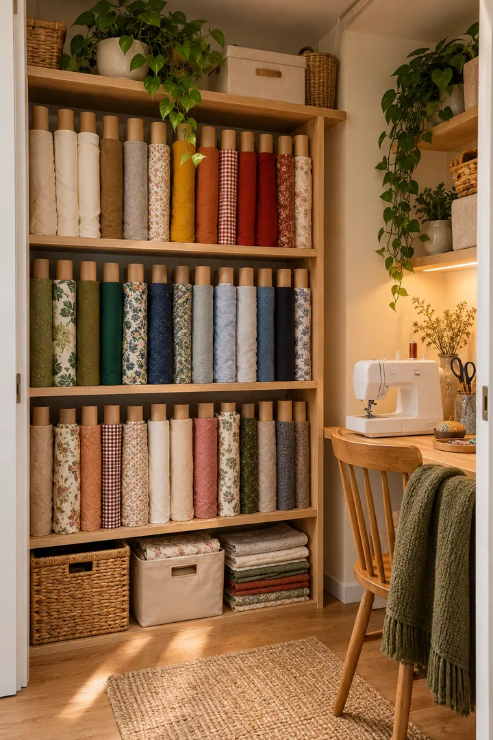 Clean Photo of sewing fabric roll tubes in Closet hobby nook showing roll pieces around smooth tubes.
