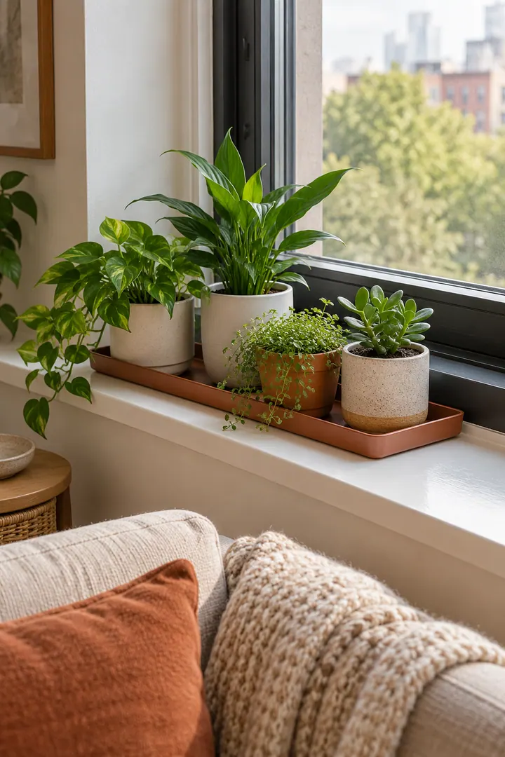 Clean Photo of window ledge plant saucer tray in Small living-room window showing group pots on one waterproof tray.