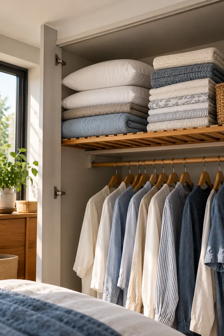 Clean Photo of bed linen airing shelf in Wardrobe upper shelf showing dry textiles completely.