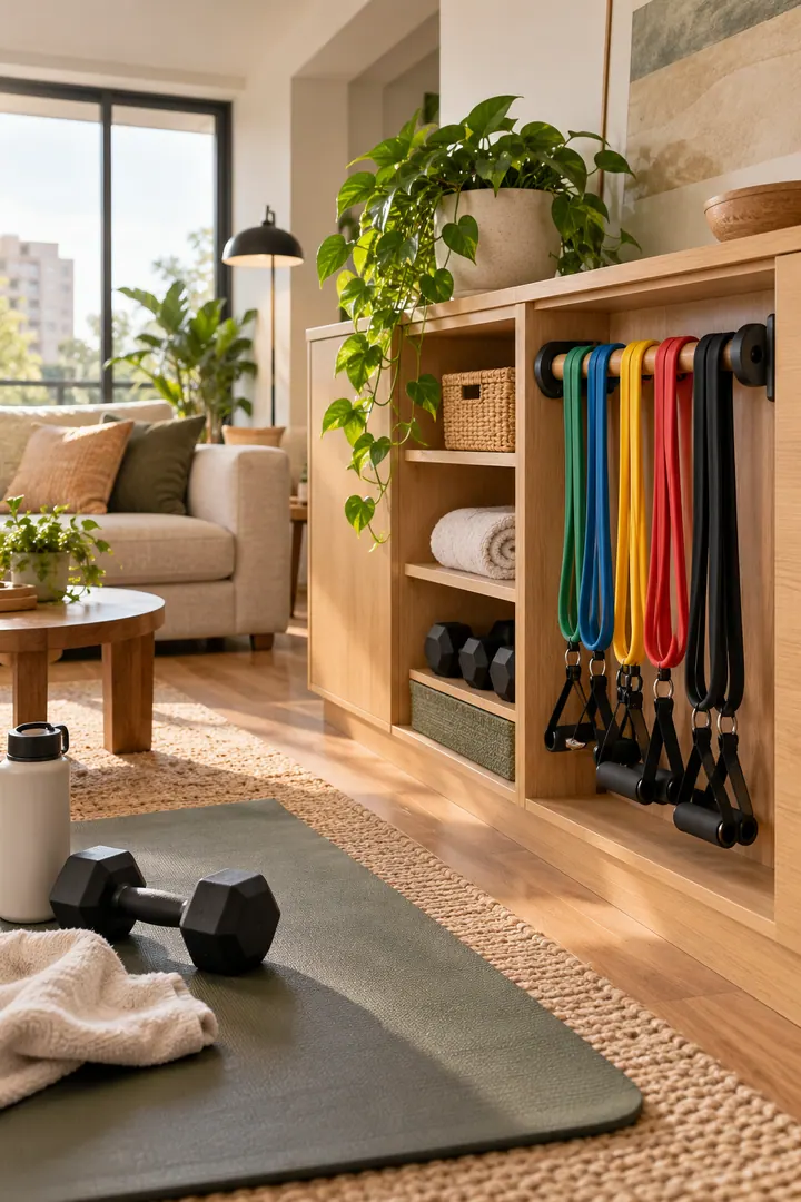 Clean Photo of home workout resistance band reel in Living-room cabinet showing hang bands on a smooth reel.