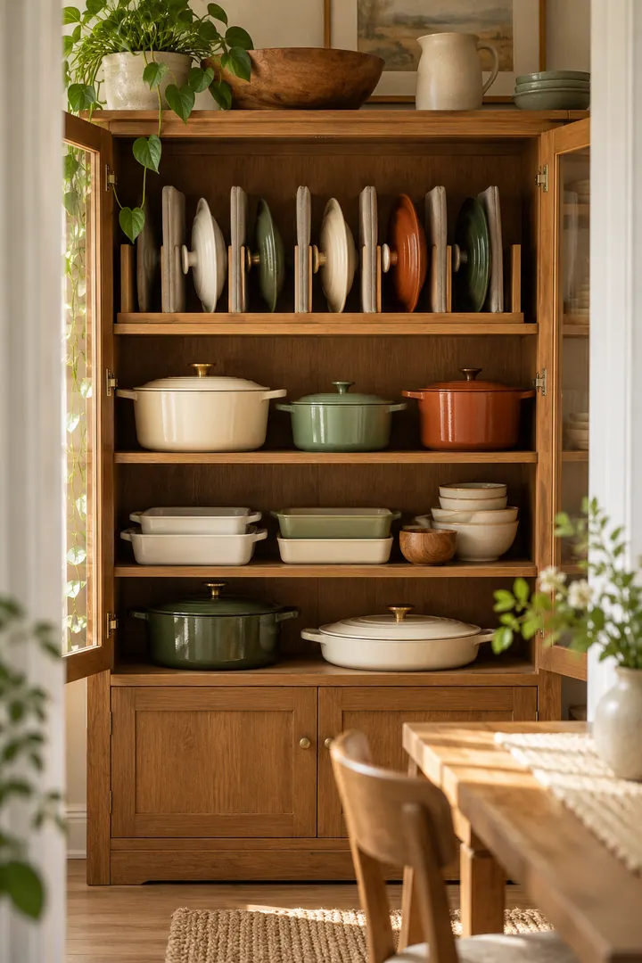 Clean Photo of ceramic lid padded slots in Dining hutch showing create padded upright slots.