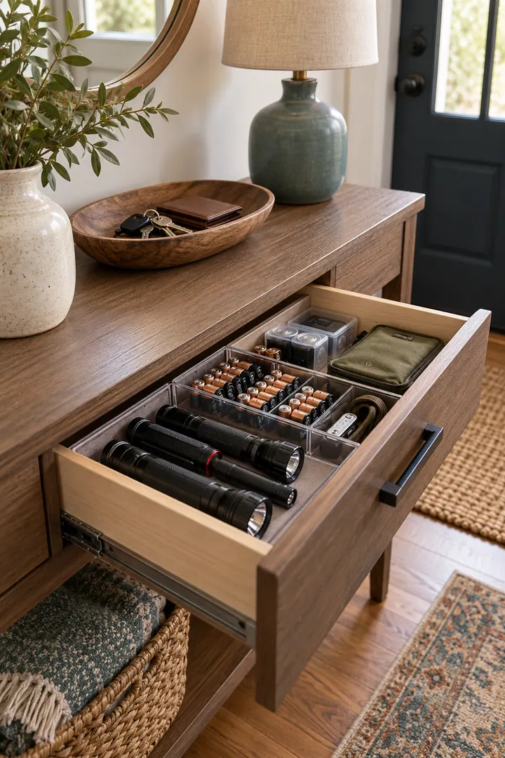 Clean Photo of emergency flashlight station in Entry console drawer showing choose one accessible station.