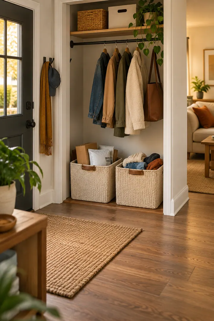 Clean Photo of return and donate exit basket in Apartment entry closet showing use one limited-size basket.