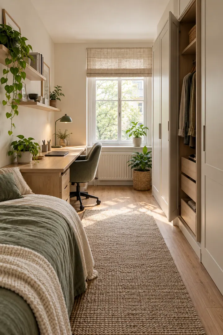 Clean Photo of sideways bedroom desk layout in Narrow bedroom showing rotate the desk along the wall.