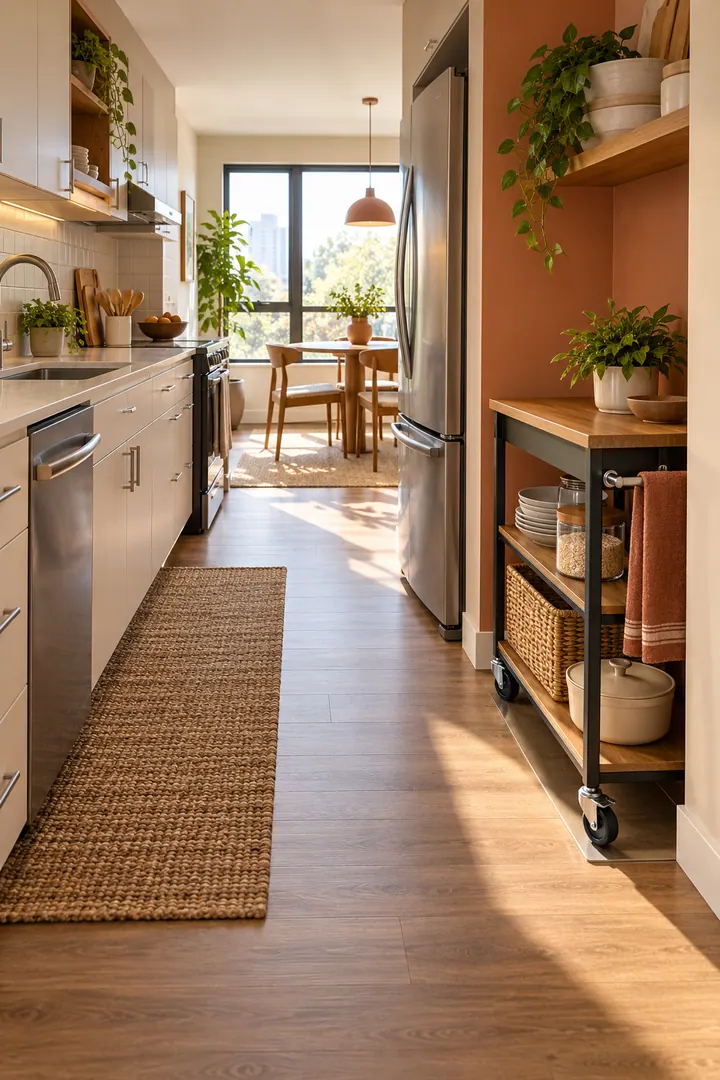 Clean Photo of kitchen cart parking bay in One-wall kitchen showing mark one parking bay.