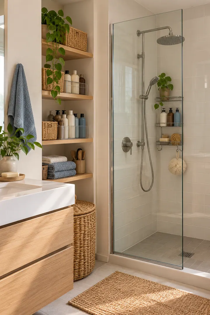 Clean Photo of bathroom shower supply rotation in Tiny shower room showing keep one current product per routine.