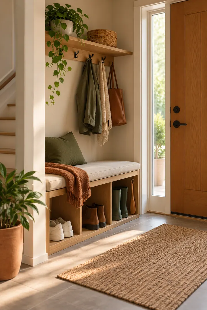 Clean Photo of entry bench boot pull zone in Compact foyer showing use a stable seated surface.