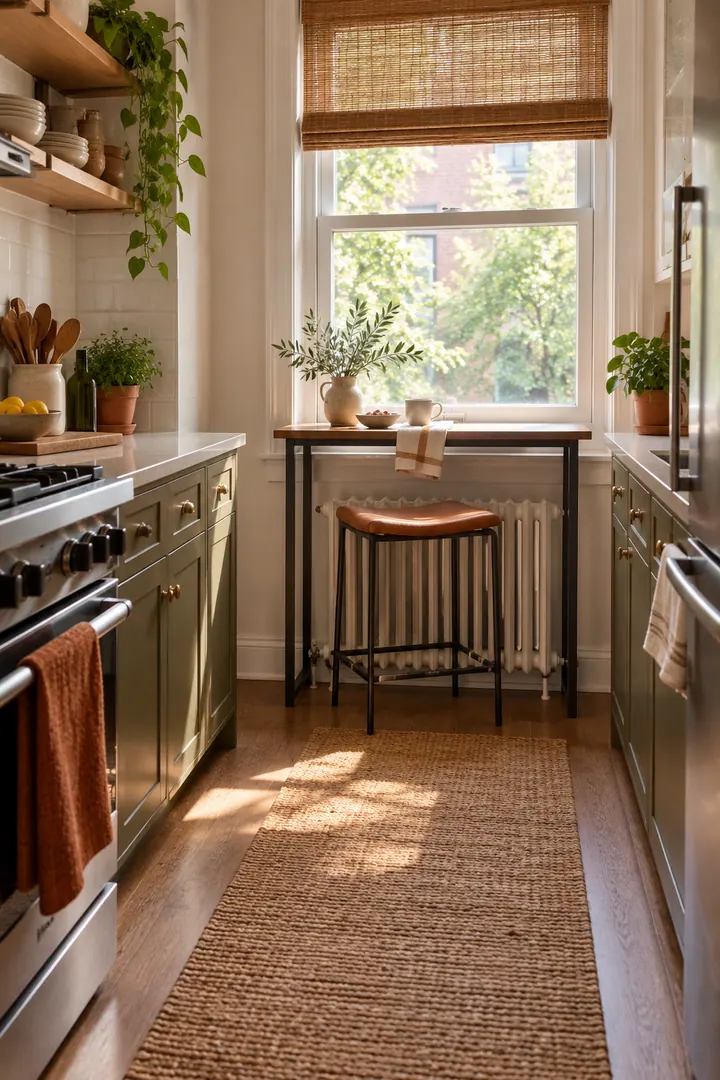 Clean Photo of underwindow breakfast perch in Small kitchen showing place a slim freestanding perch.