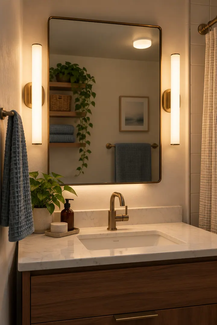 Detail/Lifestyle Photo of bathroom mirror side lighting in Windowless bathroom showing add suitable side lighting.