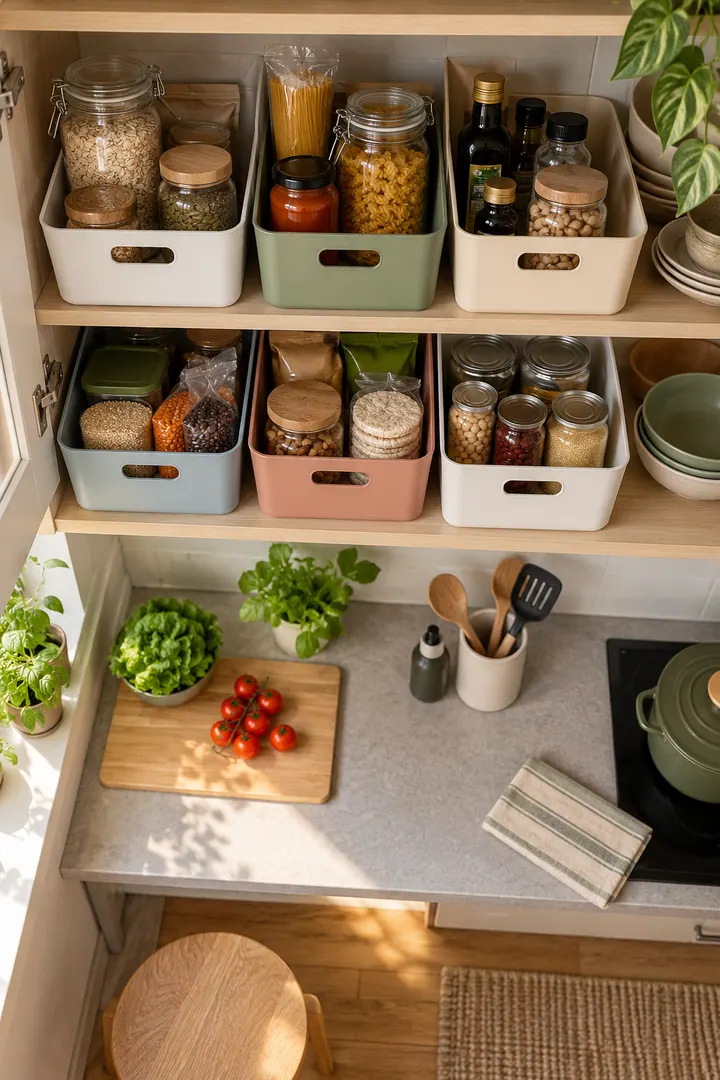 Detail/Lifestyle Photo of shared kitchen dietary zones in Communal apartment kitchen showing assign shelf zones.