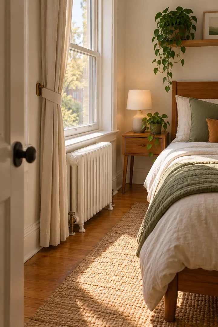 Detail/Lifestyle Photo of bedroom radiator clearance layout in Cold-climate bedroom showing follow appliance clearance guidance.