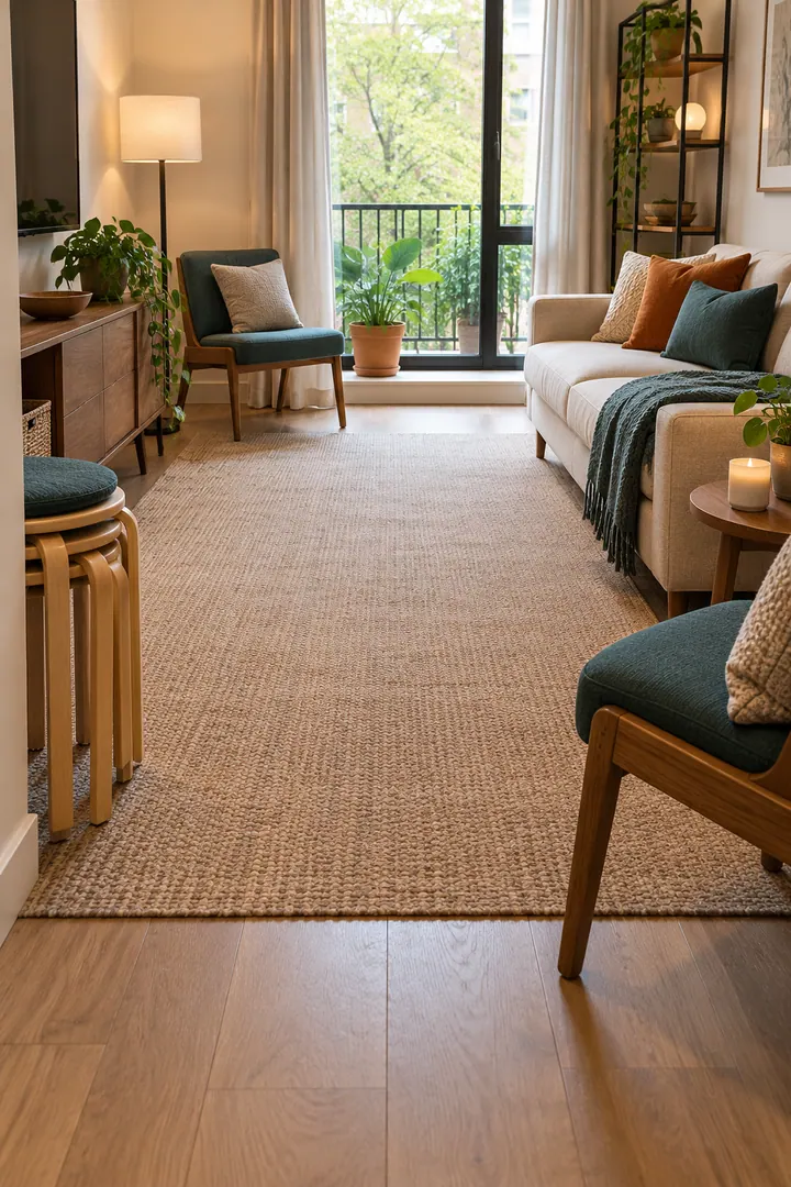 Detail/Lifestyle Photo of living room mobility turning zone in Compact living room showing keep a flexible center zone.