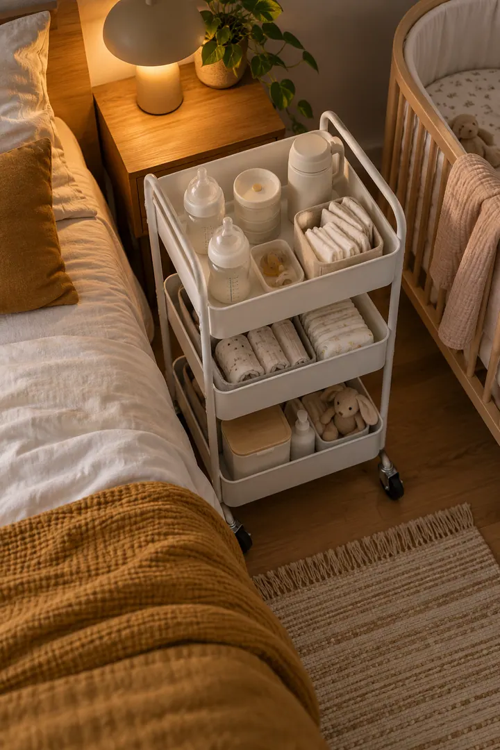 Detail/Lifestyle Photo of nursery night feed cart in One-bedroom apartment showing stock one stable cart.