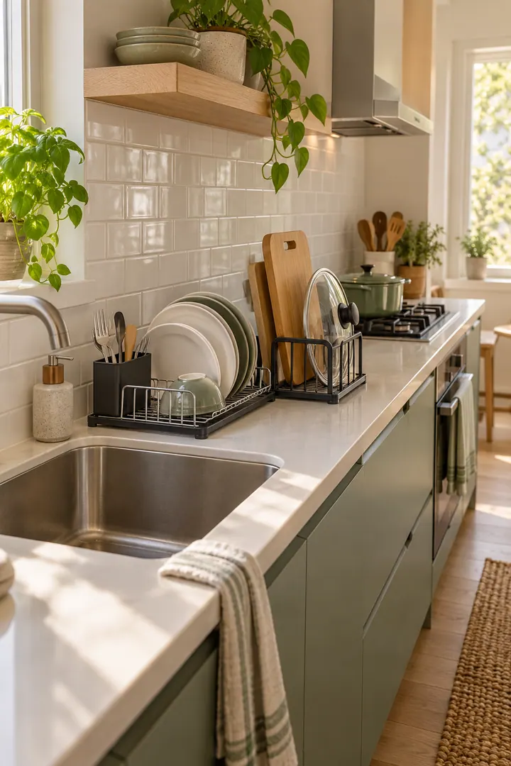 Detail/Lifestyle Photo of kitchen dish drying split zone in Galley kitchen showing use a compact two-part rack.