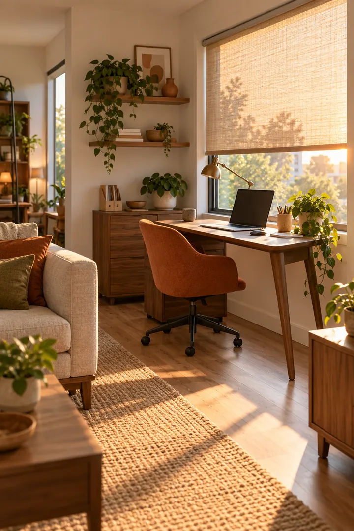 Detail/Lifestyle Photo of home office glare angle in Living-room work corner showing angle the desk across daylight.
