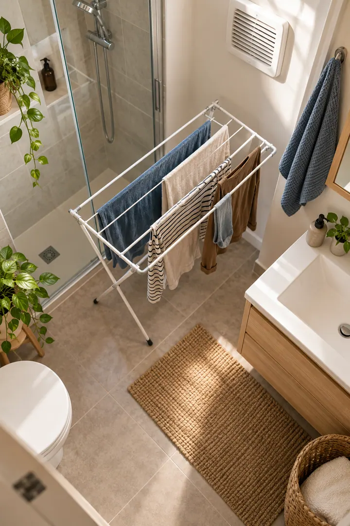 Detail/Lifestyle Photo of bathroom laundry ventilation gap in En-suite laundry closet showing use a removable open drying rack.