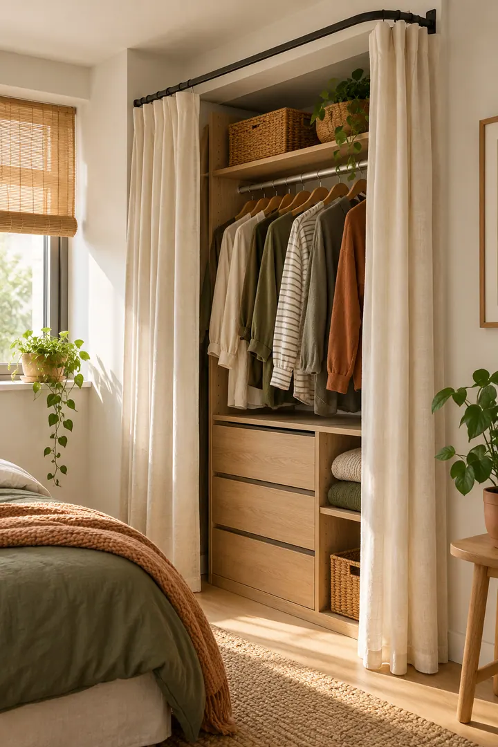 Detail/Lifestyle Photo of bedroom wardrobe curtain setback in Tiny bedroom showing set the track forward enough.
