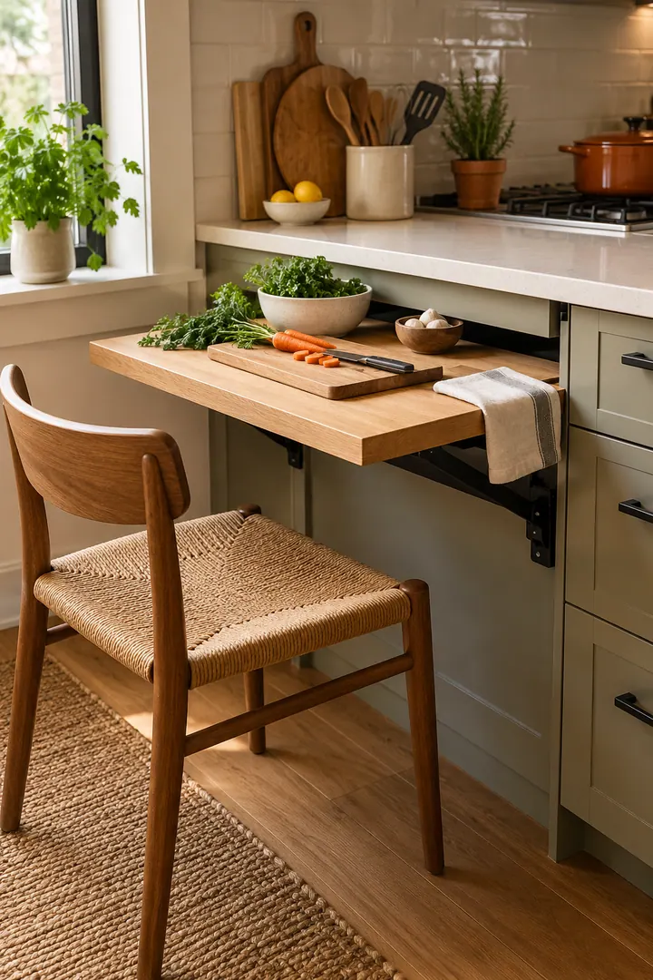 Detail/Lifestyle Photo of kitchen seated prep shelf in Compact kitchen showing use a stable lower-height surface.