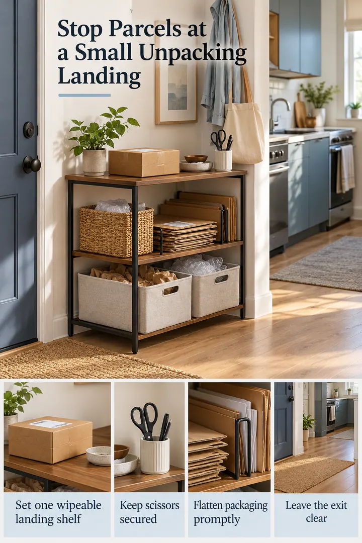 Editorial Educational Collage of entry parcel unpacking shelf in Doorway opening to kitchen showing set one wipeable landing shelf.