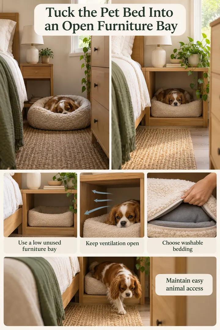 Editorial Educational Collage of bedroom pet sleep niche in Small bedroom showing use a low unused furniture bay.