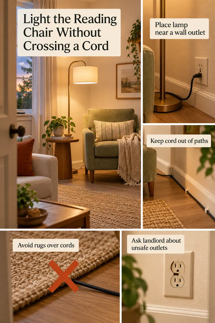 Editorial Educational Collage of living room floor lamp corner in Compact living room showing place lamp near a wall outlet.