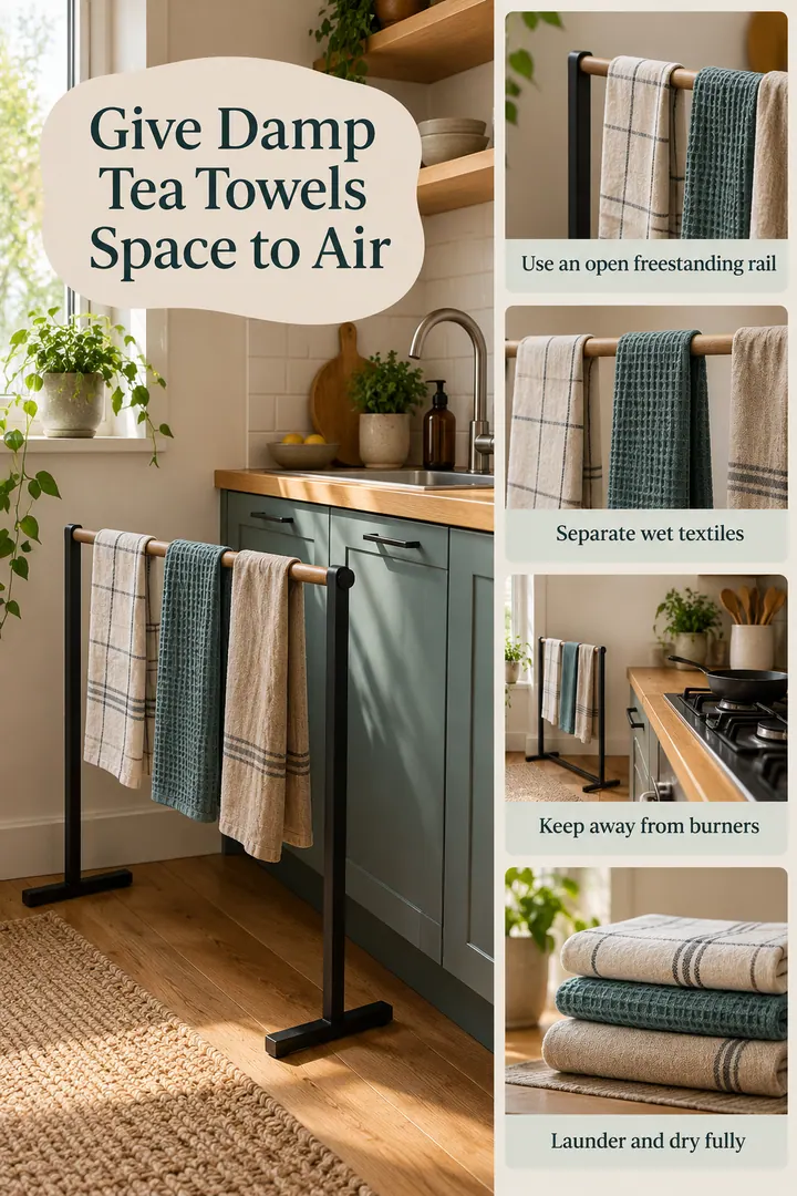 Editorial Educational Collage of kitchen tea towel drying gap in One-wall kitchen showing use an open freestanding rail.