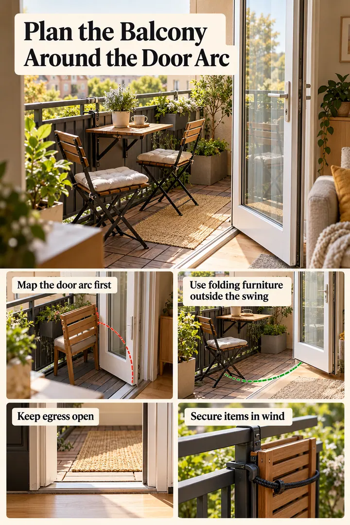 Editorial Educational Collage of balcony door furniture swing in Micro balcony showing map the door arc first.