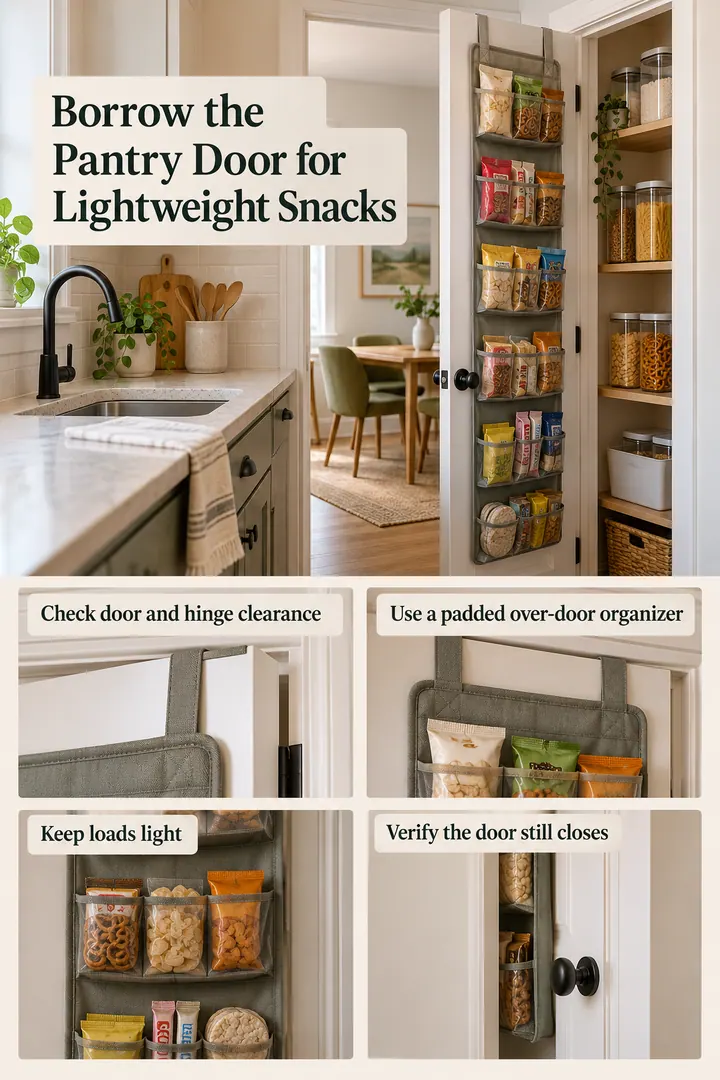 Editorial Educational Collage of over-door pantry pocket in Rental kitchen showing check door and hinge clearance.