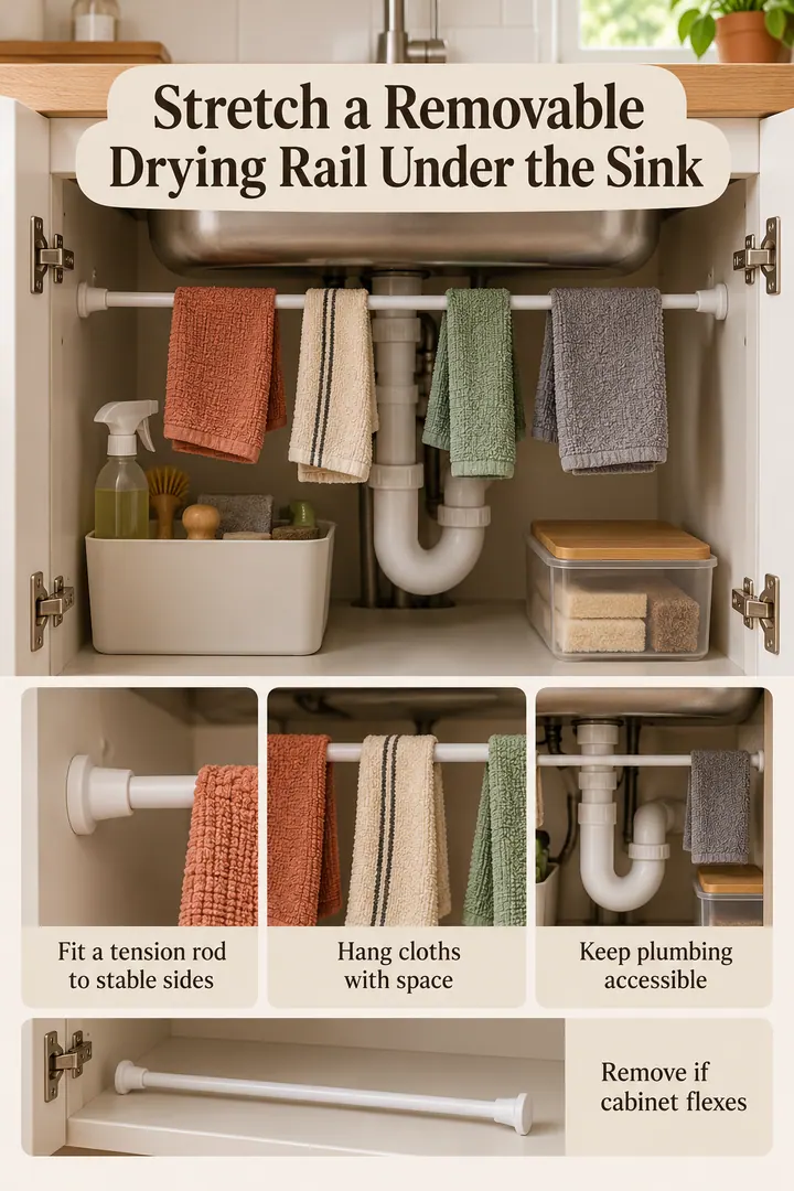 Editorial Educational Collage of tension rod cleaning cloth rail in Under-sink cabinet showing fit a tension rod to stable sides.