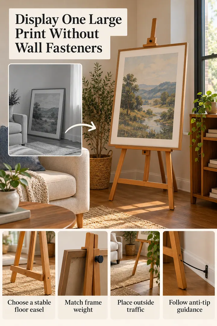 Editorial Educational Collage of freestanding art display easel in Rental living room showing choose a stable floor easel.