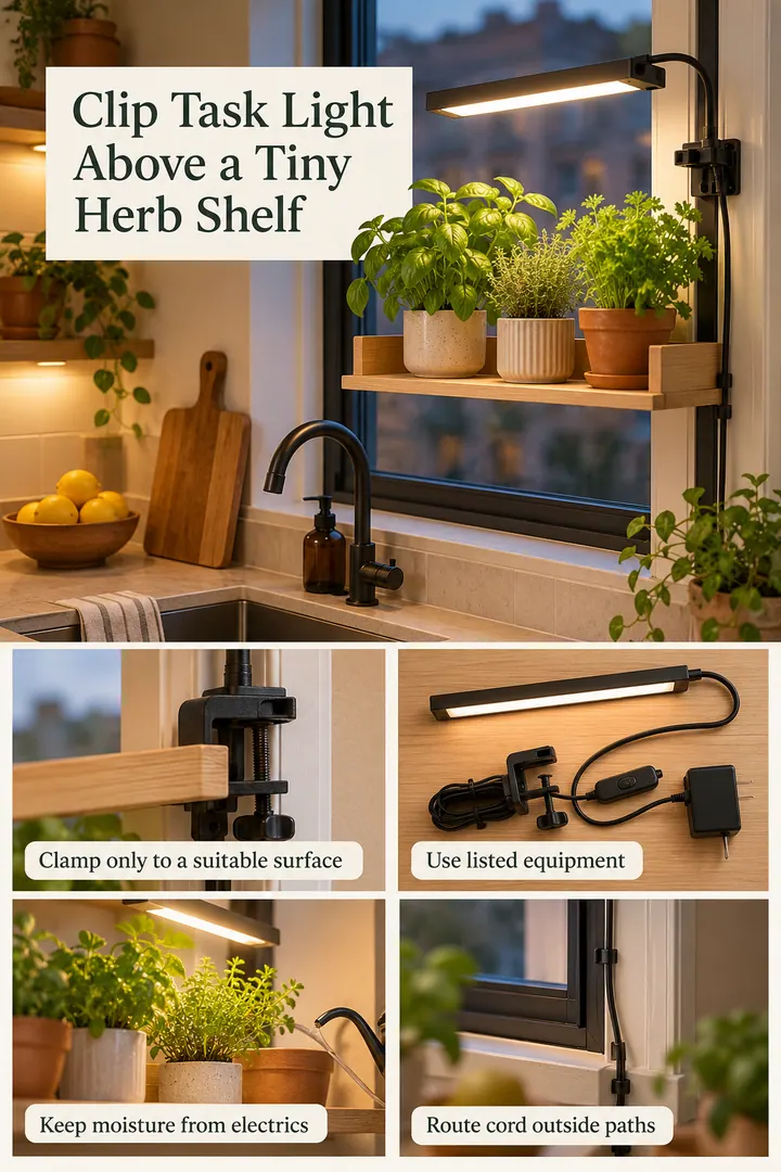 Editorial Educational Collage of clamp shelf herb light in Rental kitchen window showing clamp only to a suitable surface.