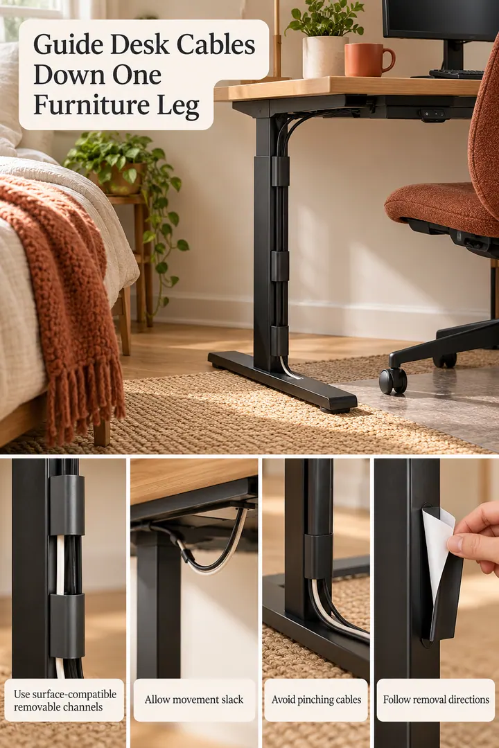 Editorial Educational Collage of removable cable channel desk leg in Bedroom office showing use surface-compatible removable channels.