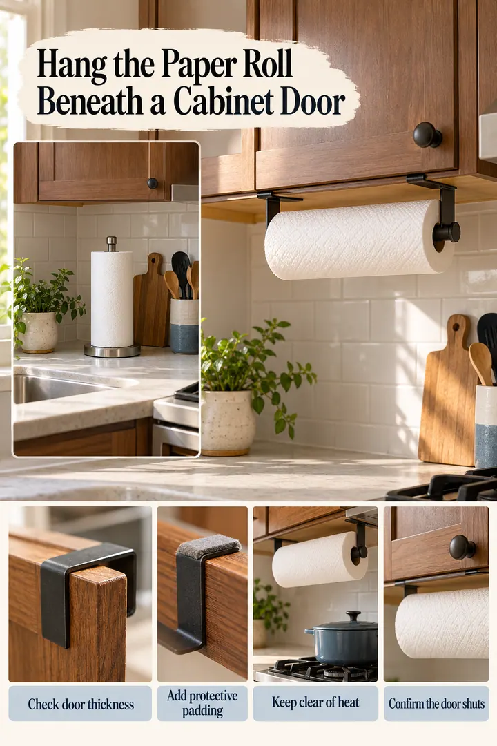 Editorial Educational Collage of over-cabinet paper towel holder in Rental kitchen showing check door thickness.