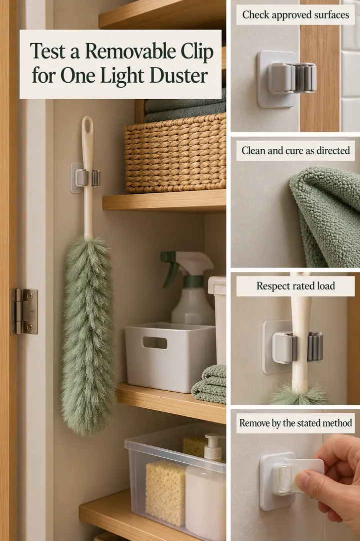 Editorial Educational Collage of adhesive broom clip test zone in Utility closet showing check approved surfaces.