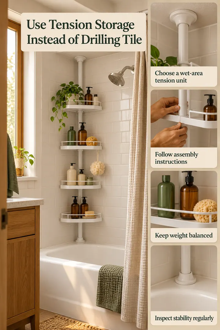 Editorial Educational Collage of tension shelf shower corner in Rental bathroom showing choose a wet-area tension unit.
