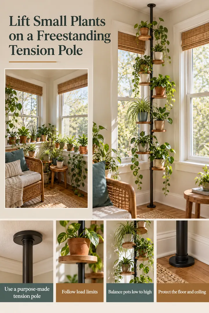 Editorial Educational Collage of floor to ceiling plant pole in Rental sunroom corner showing use a purpose-made tension pole.